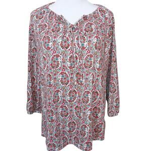 LANDS' END Stretchy Peasant Top Blouse Small Floral Tie Cottage Boho Work Travel